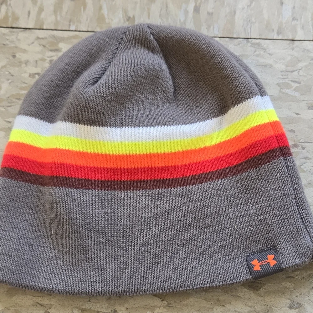 Under Armour Kids' Beanie - Gray with Red and Yellow Stripes